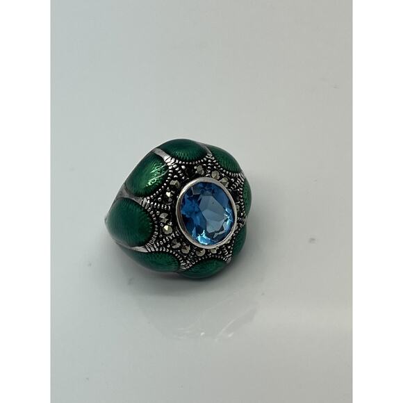 925 sterling silver enamel topaz Marcasite Ring size 6 - Picture 7 of 14